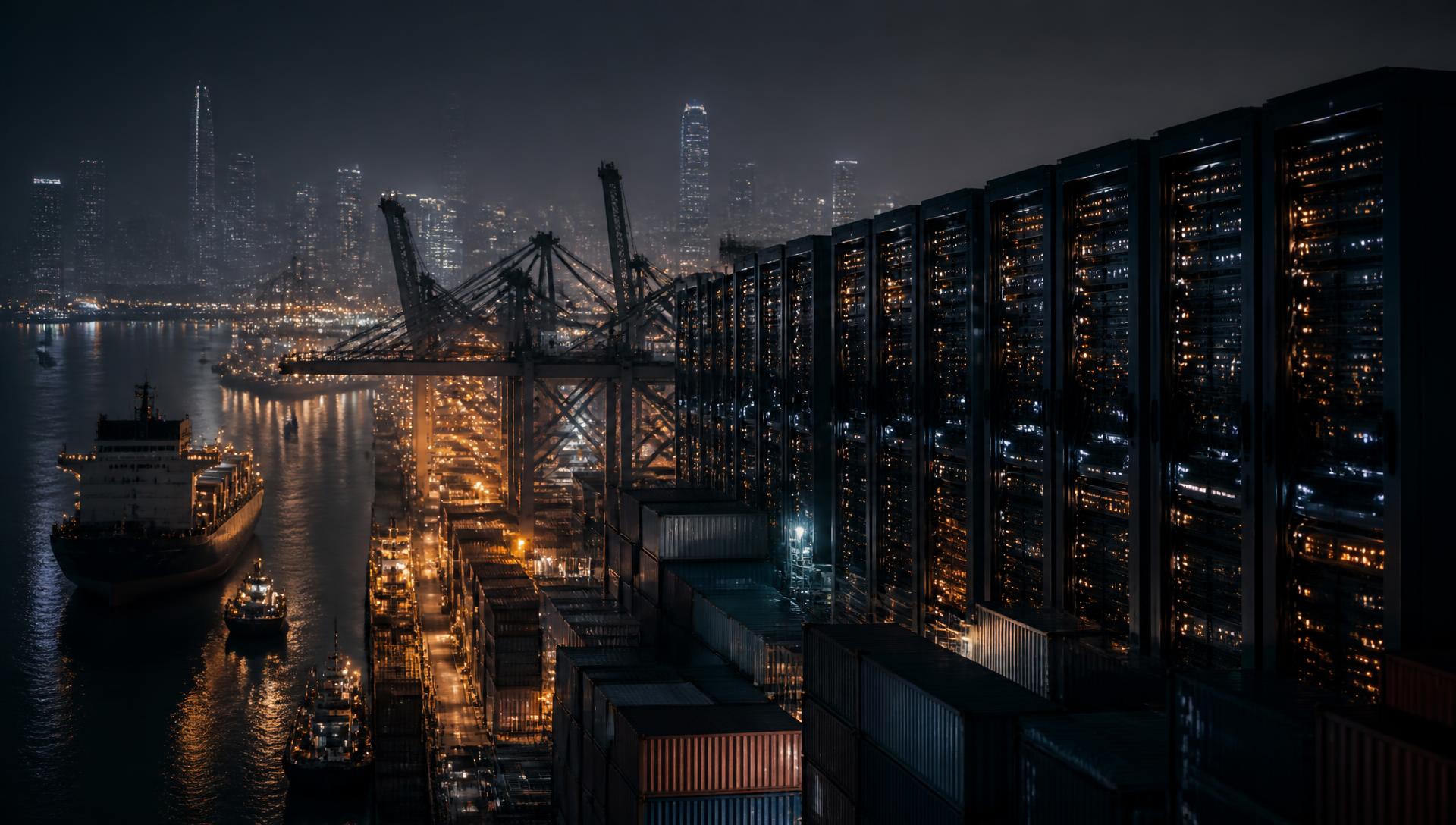 Hong Kong container terminal at night merging into rows of illuminated server racks